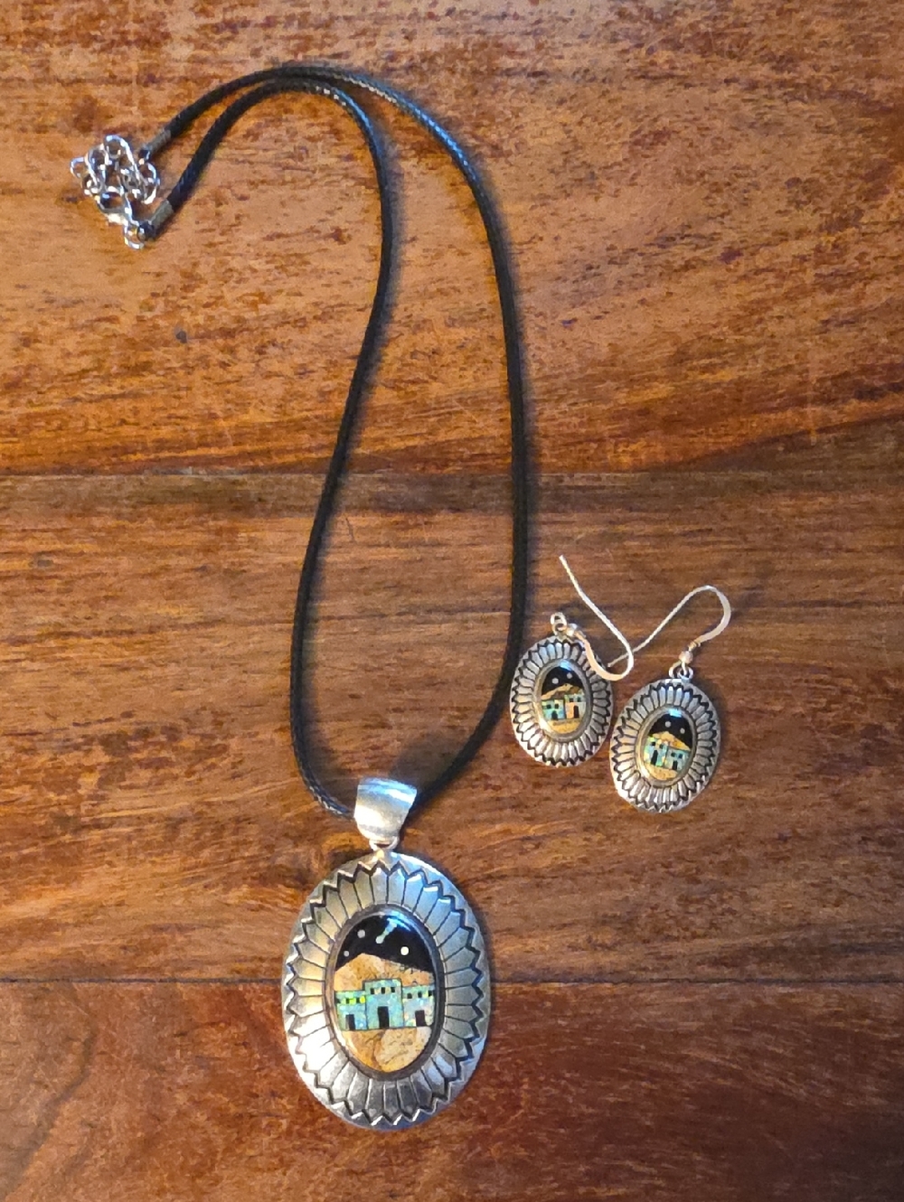 Silver-Tone Turquoise Inlay Oval Pendant Necklace and Earrings - Black Cord